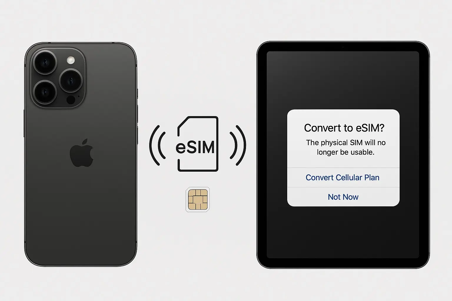 iPhoneとiPad Proが並び、中央にeSIMアイコンと「Convert to eSIM」画面が表示されたイメージ。物理SIMからeSIMへの切り替えを示すアイキャッチ。