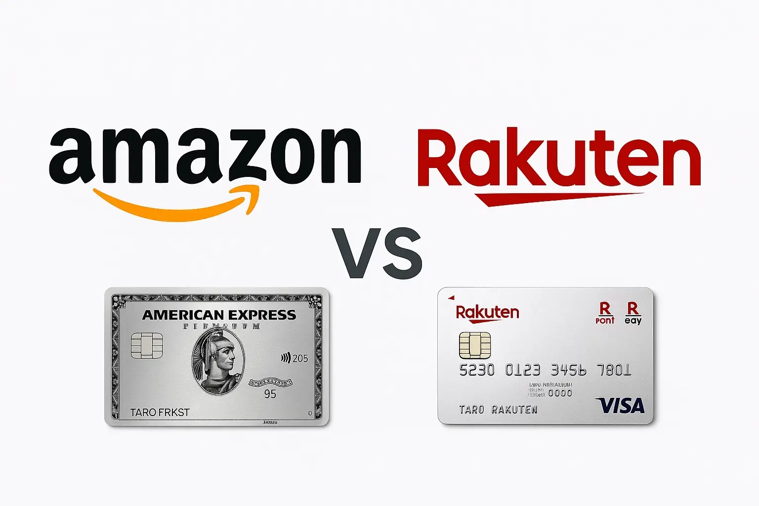 Amazonと楽天のロゴを中央に配置し、下にアメリカン・エキスプレスカードと楽天カードを並べて比較したイメージ。クレジットカード断捨離におけるAmazon経済圏と楽天経済圏の対比を表現。