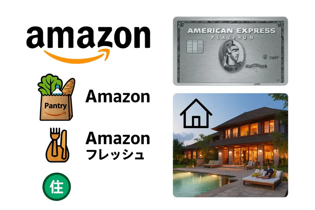 Amazonロゴとアメリカン・エキスプレスカードを配置し、衣=Amazon、食=Amazonフレッシュ、住=ホテル宿泊としてポイント活用先を示した比較図。