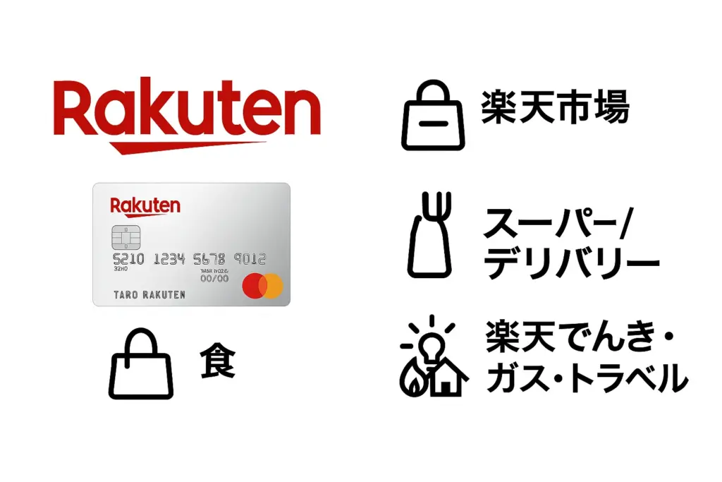 楽天ロゴと楽天カードを左に配置し、衣=楽天市場、食=スーパーやデリバリー、住=楽天でんき・ガス・トラベルとして生活インフラを支える仕組みを表した図。
