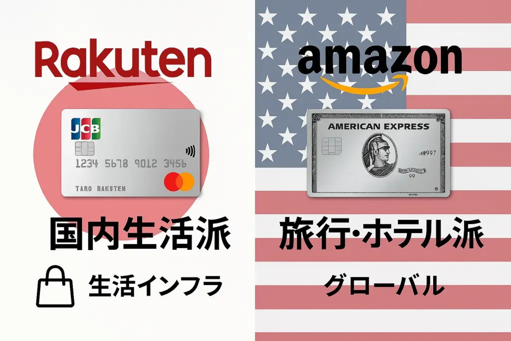 左に楽天×JCBと日本国旗、右にAmazon×アメックスとアメリカ国旗を配置した比較図。国内生活派とグローバル旅行派の違いを象徴的に表現している。