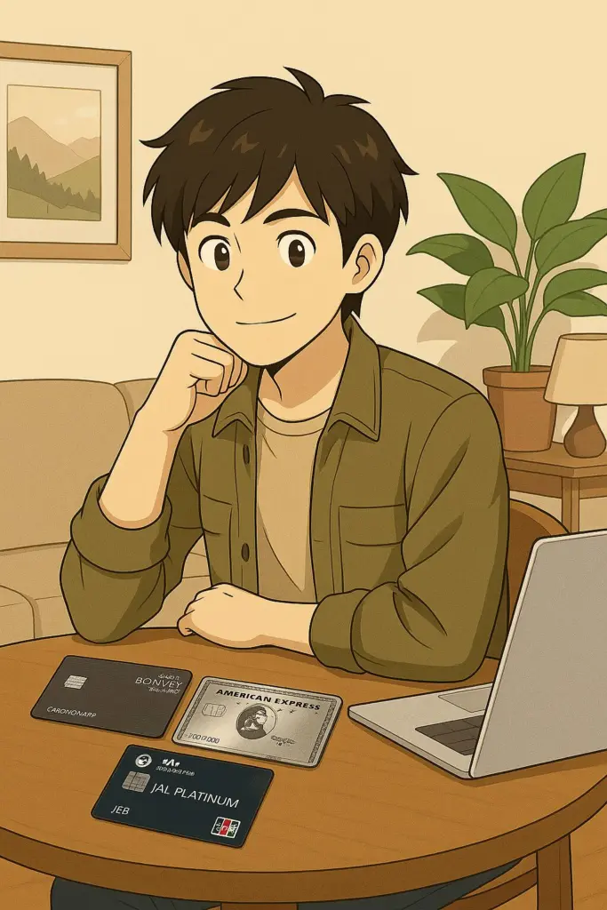 クレジットカードを手にしながらスマホを見る男性キャラクターのイメージ