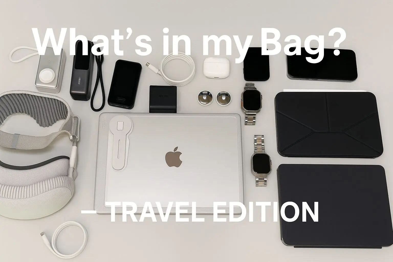 旅行に欠かせないAppleガジェット持ち物。MacBook Pro、iPad Pro、iPhone 16 Pro、Apple Watch Ultra 2、AirPods Pro 2、Vision Pro、モバイルバッテリーなどを並べた写真