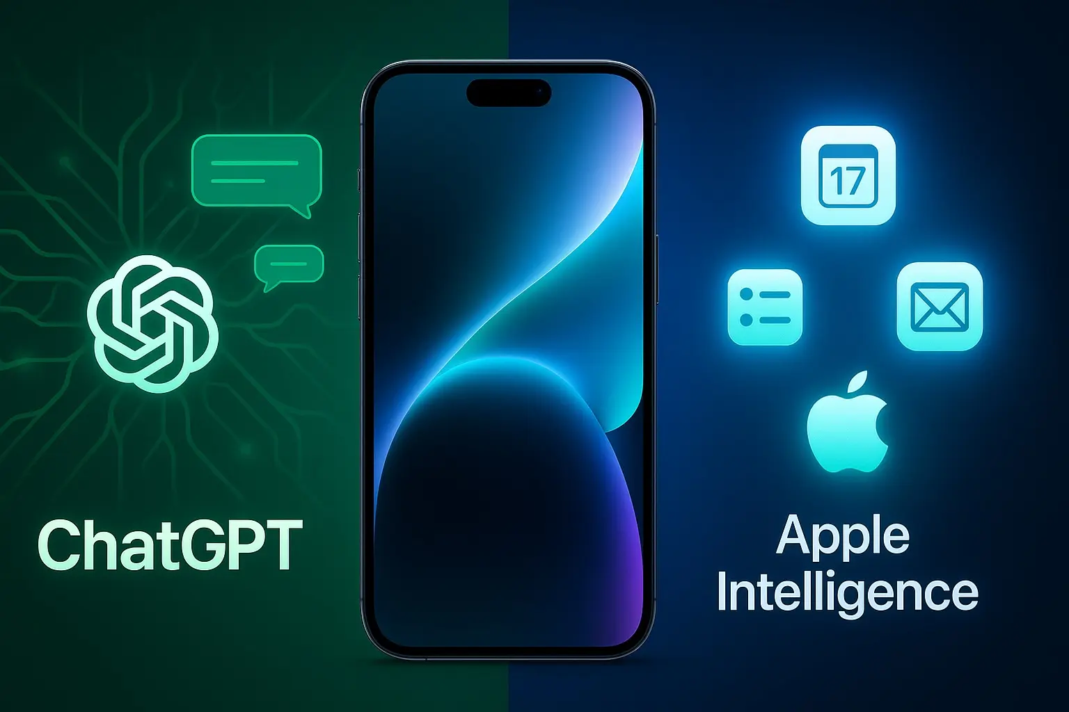 中央にiPhoneを配置し、左側にChatGPTを象徴する緑色の神経ネットワークと吹き出しアイコン、右側にApple Intelligenceを象徴するカレンダー・リマインダー・メールのアイコンが浮かぶデザイン。iPhoneを中心に両AIの役割を対比的に表現している。