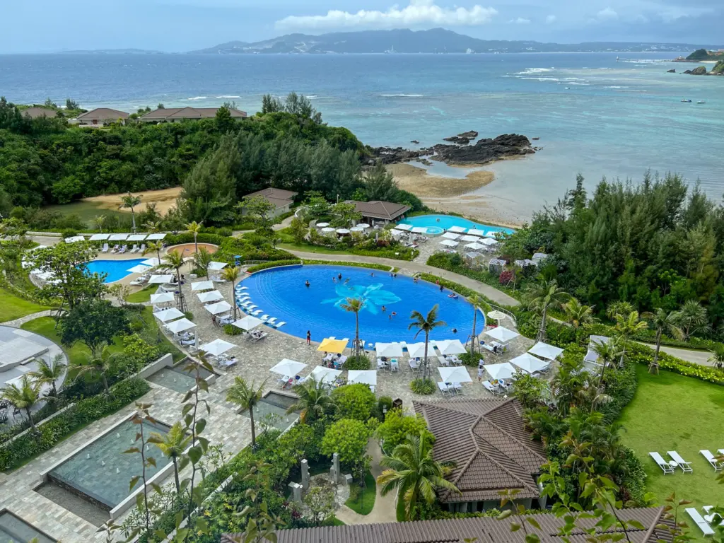 Panoramic view of Halekulani Okinawa pools and oceanfront