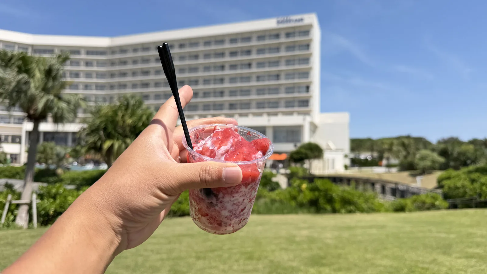 ホテルの芝生でかき氷を持つ様子
